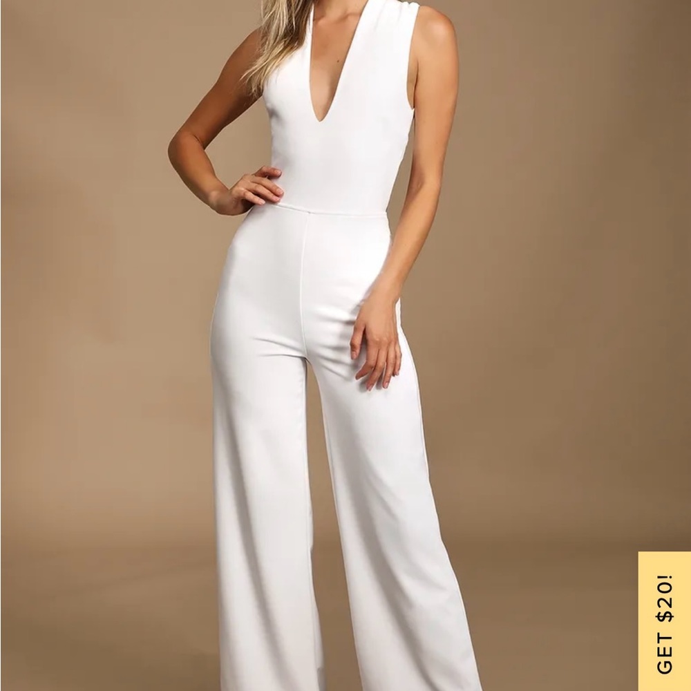 Lulu’s thinking out loud white backless jumpsuit